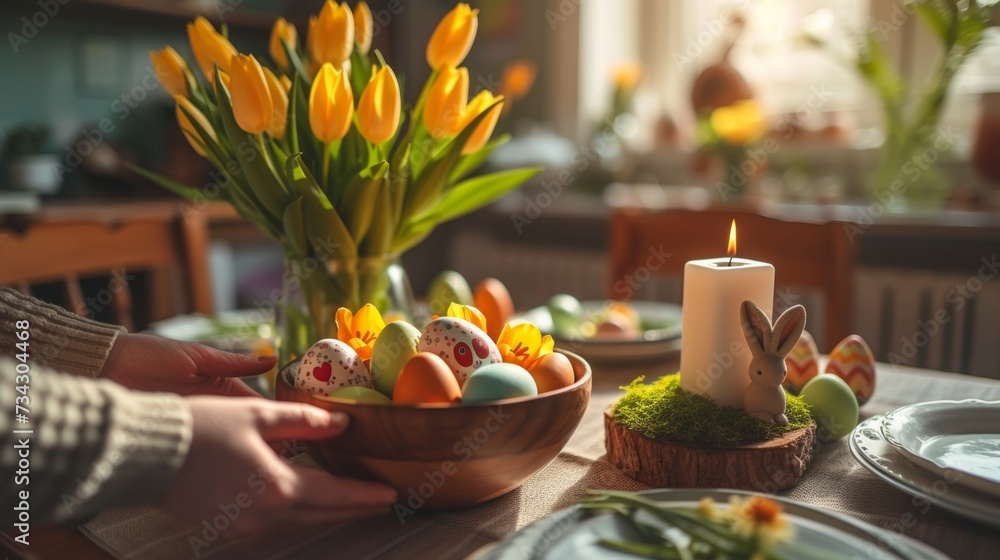 A bowl of tulips and painted eggs on a table, capturing the essence of Easter with soft, ambient light.
