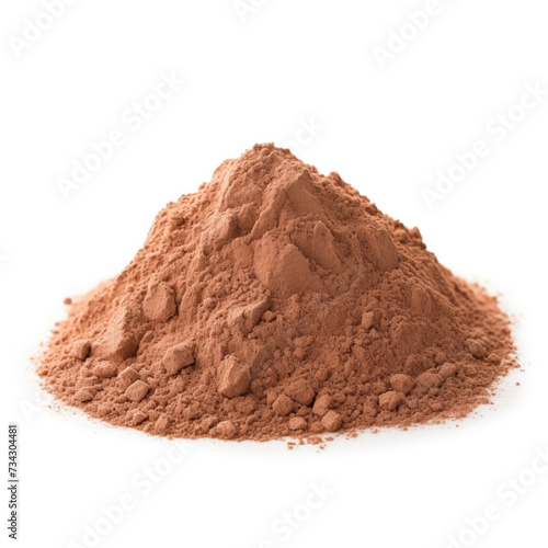 close up pile of finely dry organic fresh raw kola nut powder isolated on white background. bright colored heaps of herbal, spice or seasoning recipes clipping path. selective focus