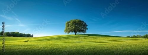 A solitary tree stands on a vibrant green hill under a sunny blue sky, a symbol of solitude and growth.