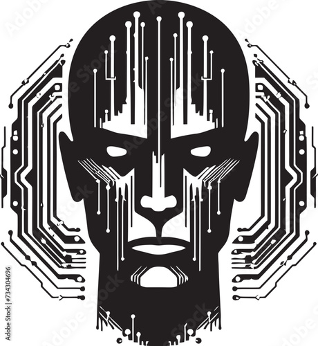 Techno Trooper Black Cyberrobot Head Symbol Circuitry Conductor Vector Robot Face Design