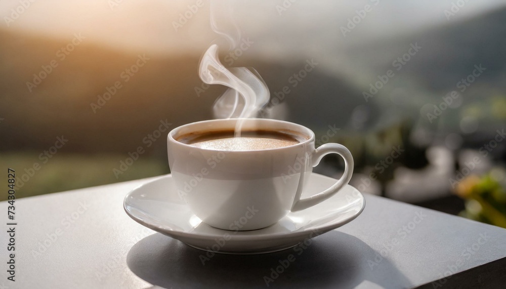 Close-up of coffee cup on table at direct sunlight. Morning coffee with steam in white cup. 