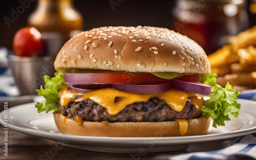 Tasty traditional american cheeseburger closeup