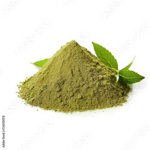 close up pile of finely dry organic fresh raw lemon verbena powder isolated on white background. bright colored heaps of herbal, spice or seasoning recipes clipping path. selective focus