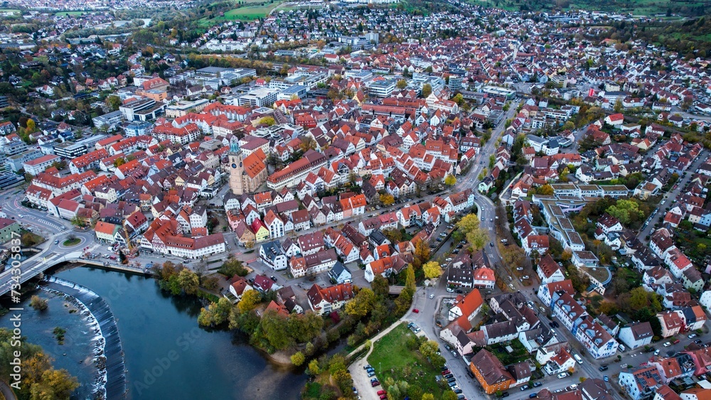 Aerial view of the old town Nürtingen in Germany on a sunny day in autumn	
