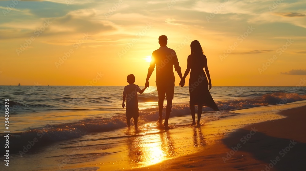 Generative AI : Silhouette, beach and family holding hands in sunset on a holiday at sea together. 