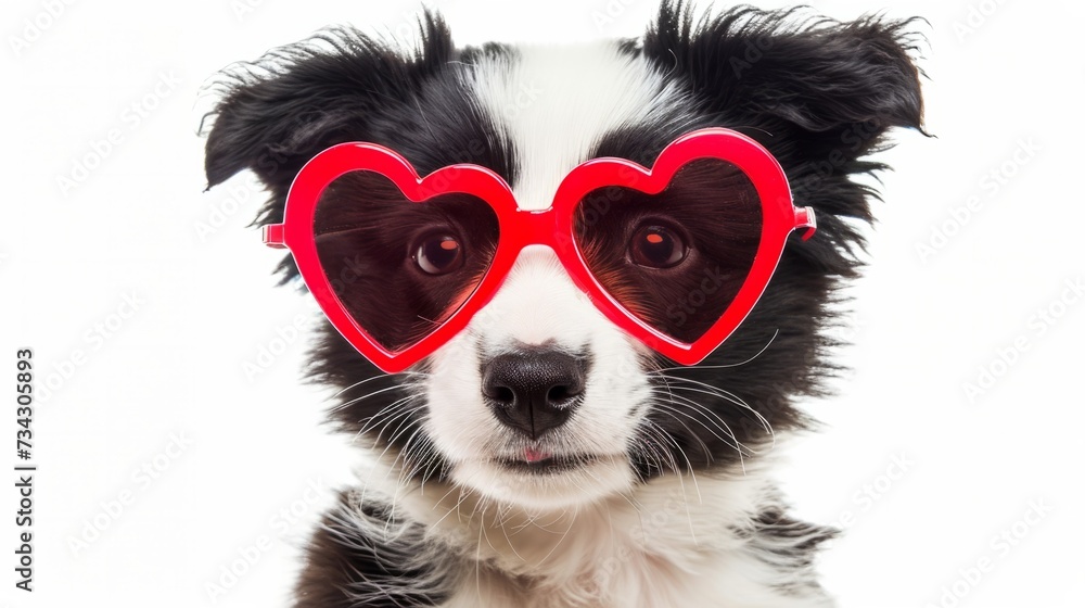 Funny border collie puppy with red heart-shaped glasses generative ai Funny border collie puppy with red heart-shaped glasses generative ai