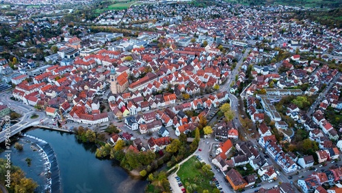 Aerial view of the old town Nürtingen in Germany on a sunny day in autumn 