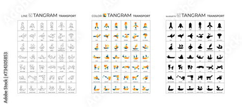 Big set of tangram puzzle for kids. Collection of transport. Illustrations of lines, colors and silhouettes. Isolated icons on white background. Game for brain development. Stock vector illustration.