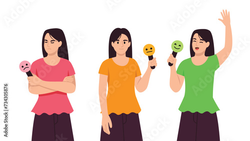 Vector illustration of a group of girls with different emotions. Cartoon scene of girls with different emotions: sad, moody, happy, positive, holding emotion signs isolated on white background.