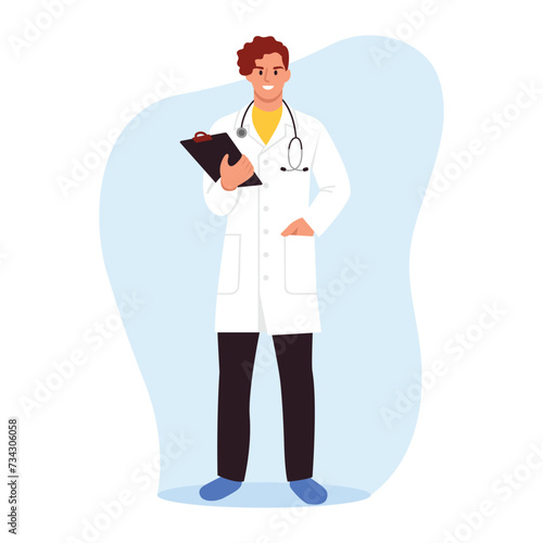 Vector illustration of a handsome male doctor. Cartoon scene of a smiling doctor in a white coat with a hand in a pocket, shoe covers, a stethoscope, a tablet for paper isolated on a white background.