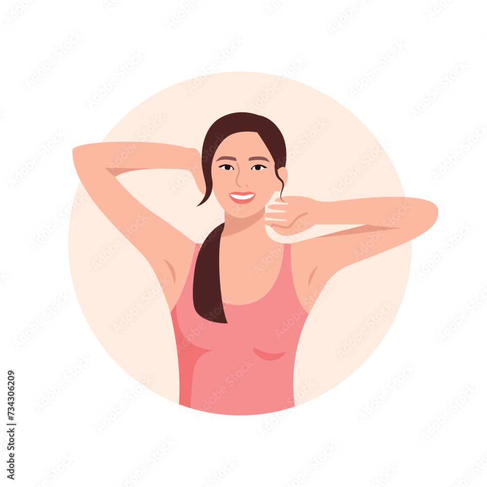 Vector illustration of a beautiful and happy girl. Cartoon scene of a smiling girl with a low tail, raised hands, wearing a pink T-shirt isolated on a white background. Self satisfaction. Self love. Vector illustration of a beautiful and happy girl. Cartoon scene of a smiling girl with a low tail, raised hands, wearing a pink T-shirt isolated on a white background. Self satisfaction. Self love.