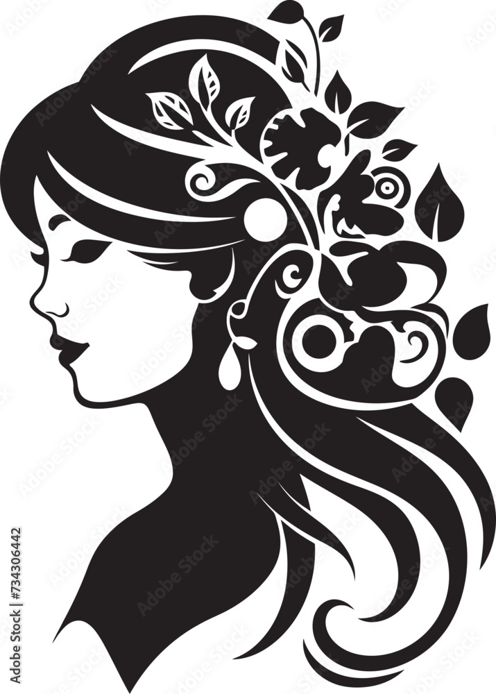 Midnight Reverie Black Floral Woman Icon Enigmatic Elegance Floral Face Vector Graphic