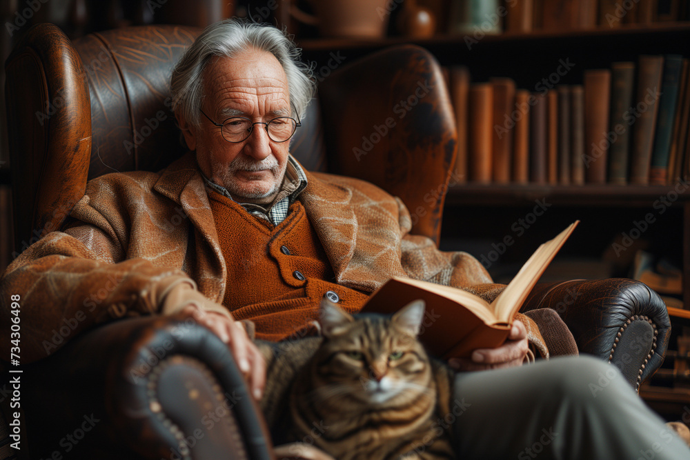 Aged pleasing man reads a book comfortably seated on a cozy armchair with a cat napping nearby, library background