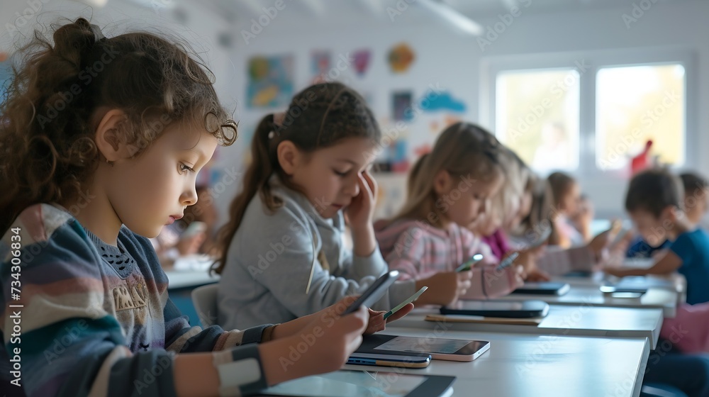 Obraz premium Multi ethnic group of elementary school kids using smartphones while sitting togethe