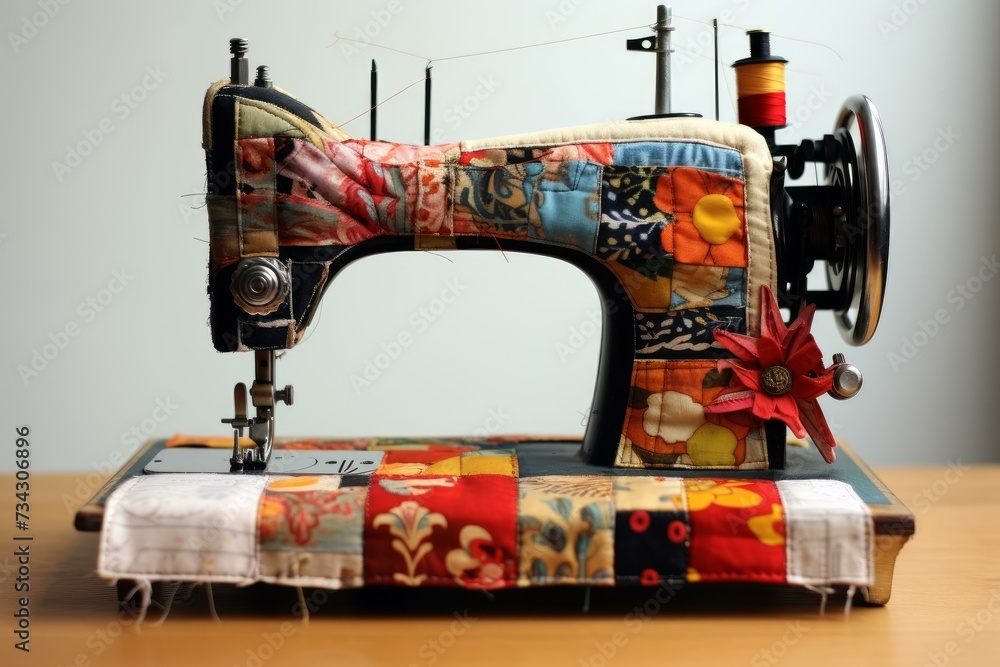 Skilled Woman work sewing machine. Fashion industry. Generate Ai