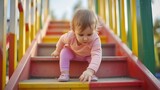 Generative AI : Cute baby girl plays on playground outdoor. Cute baby girl plays on playground outdoor. 