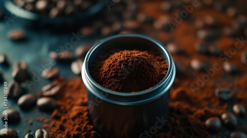 Generative AI : Tamped puck of coffee grounds within basket of portafilter and coffee beans spilled around in a dark of natural light.