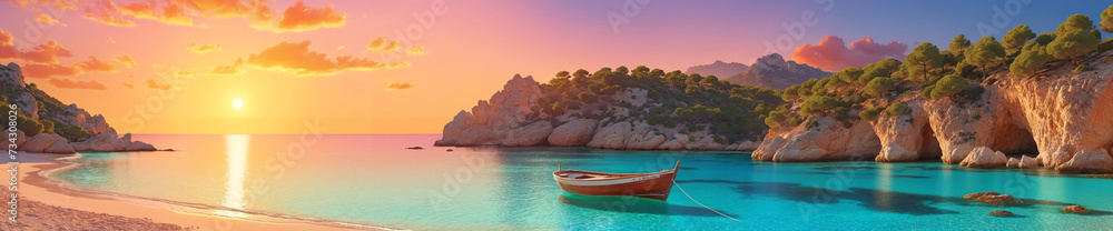 A serene sunset on the coast: a beautiful scenery with a boat on the water, surrounded by mountains, trees, and rocks, with the sun setting on the horizon and the ocean reflecting the sky