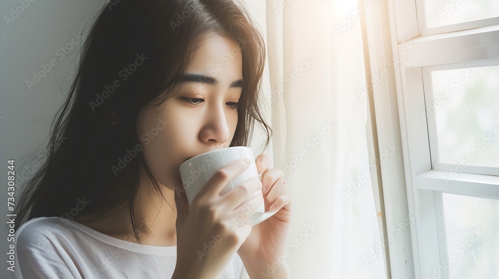 Generative AI : Young asian woman standing beside window and holding mug Generative AI : Young asian woman standing beside window and holding mug
