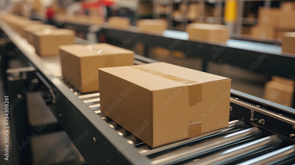 E-commerce Snapshot: Closeup of Multiple Cardboard Boxes on Conveyor Belt in Warehouse, Reflecting the Dynamics of Fulfillment, Delivery, and Automation
E-commerce Snapshot: Closeup of Multiple Cardboard Boxes on Conveyor Belt in Warehouse, Reflecting the Dynamics of Fulfillment, Delivery, and Automation