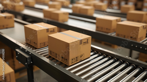 E-commerce Snapshot: Closeup of Multiple Cardboard Boxes on Conveyor Belt in Warehouse, Reflecting the Dynamics of Fulfillment, Delivery, and Automation	 photo