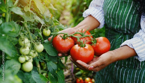 Woman farmer hands picking fresh organic tomatoes in garden. Harvest agriculture concept. 