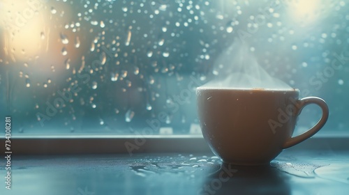 Generative AI   Steaming coffee cup on a rainy day window background