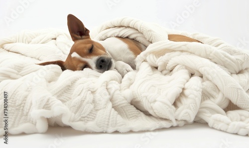 A jack russell terrier dog sleeping on a white blanket. Puppy sleeping on a cozy blanket on white background. Dog in modern interior.