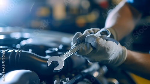 Generative AI : Hand of the repairman use wrench to inspector automotive . Auto mechanic in car repair. photo