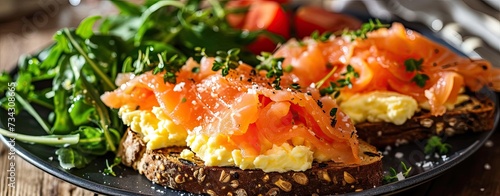Smoked salmon and scrambled egg on toast with salad, healthy breakfast photo