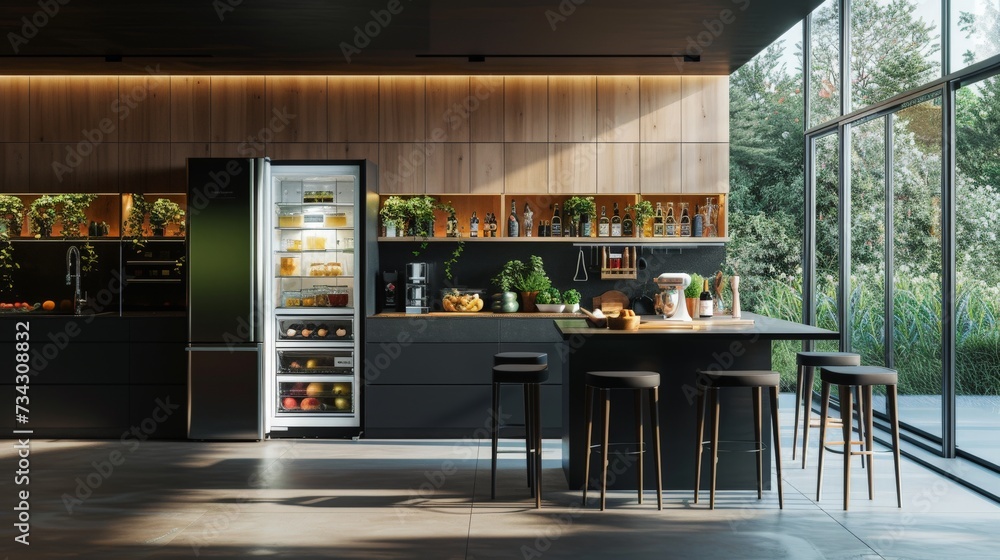 A minimal design kitchen, set with a modern refrigerator half open in the middle, 