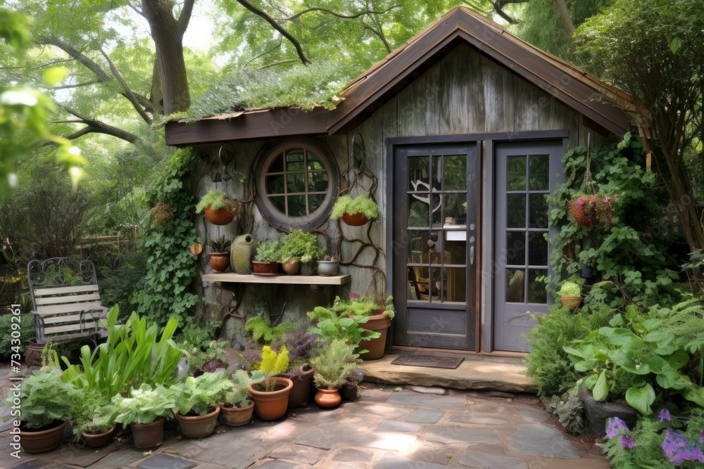 Patio garden shed sun shine. Wood work. Generate Ai Patio garden shed sun shine. Wood work. Generate Ai