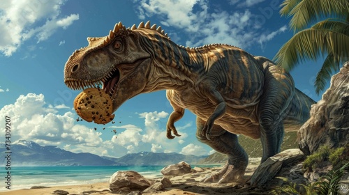 dinosaur eating a chocolate chip cookie, with a beach in the background generative ai © Francheska