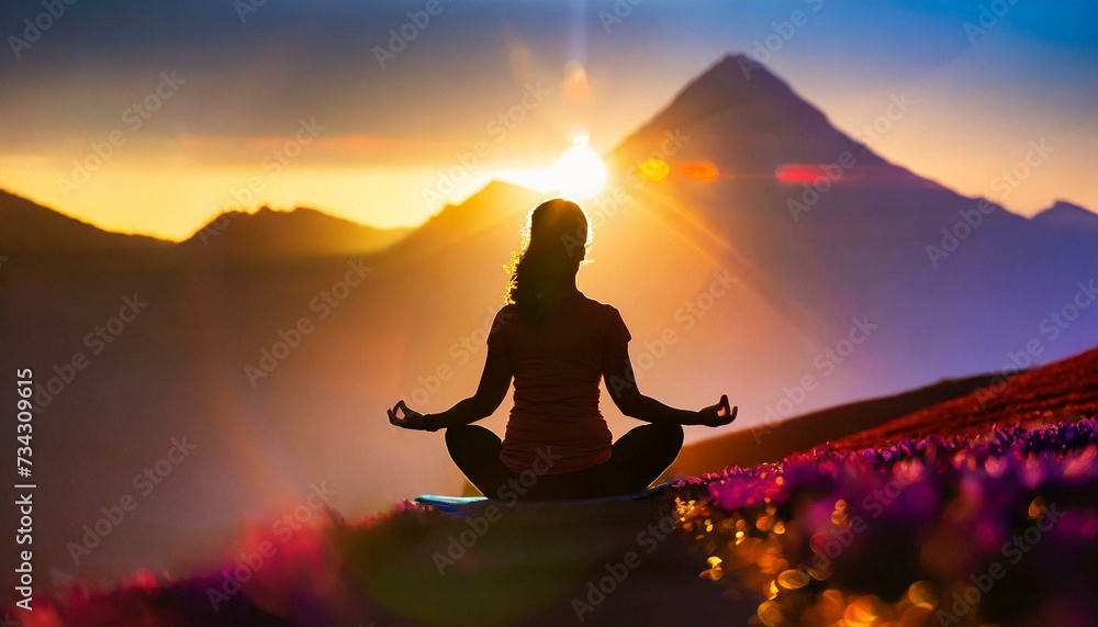 Silhouette of human sitting. Meditation in yoga. Psychology and relax  - obrazy, fototapety, plakaty 