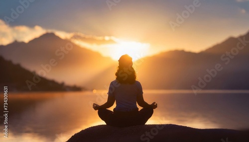 Silhouette of human sitting. Meditation in yoga. Psychology and relax photo
