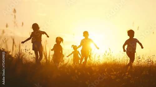 Generative AI : Silhouette group of happy children playing on meadow