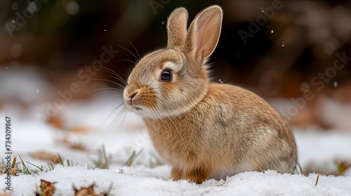 A cute little bunny happily plays in the snow having fun under the white blanket. Rabbit with soft fur contrasts with the icy scenery and simplicity of wildlife.