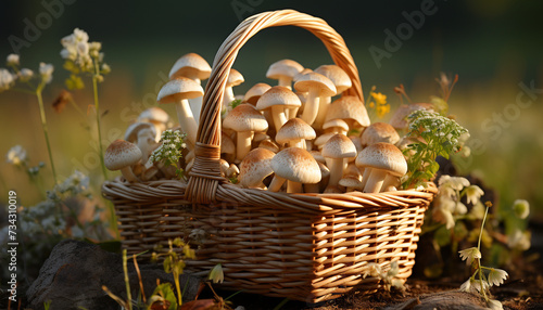 Fresh autumn harvest edible mushrooms  organic vegetables  and ripe fruits generated by AI