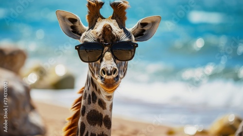 giraffe with sunglasses, sitting on a beach, generative ai © Francheska