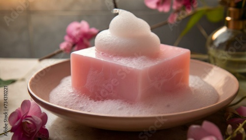 Close up photo of pink foaming bath soap whipped 