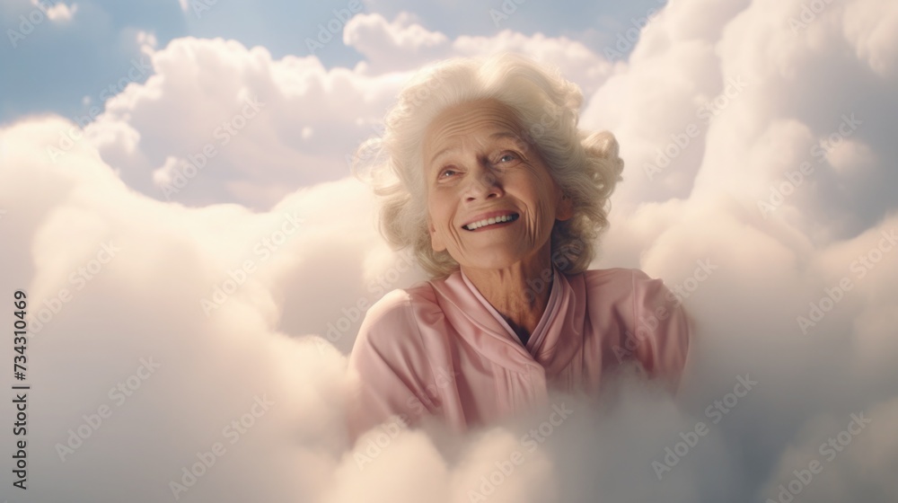 adult woman on the clouds. the old man died and went to heaven and smiles. gray-haired grandmother looks at the sky adult woman on the clouds. the old man died and went to heaven and smiles. gray-haired grandmother looks at the sky