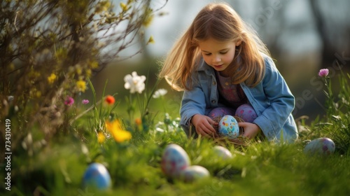 Happy Easter. the child is looking for painted eggs in the grass on a sunny day. happy childhood