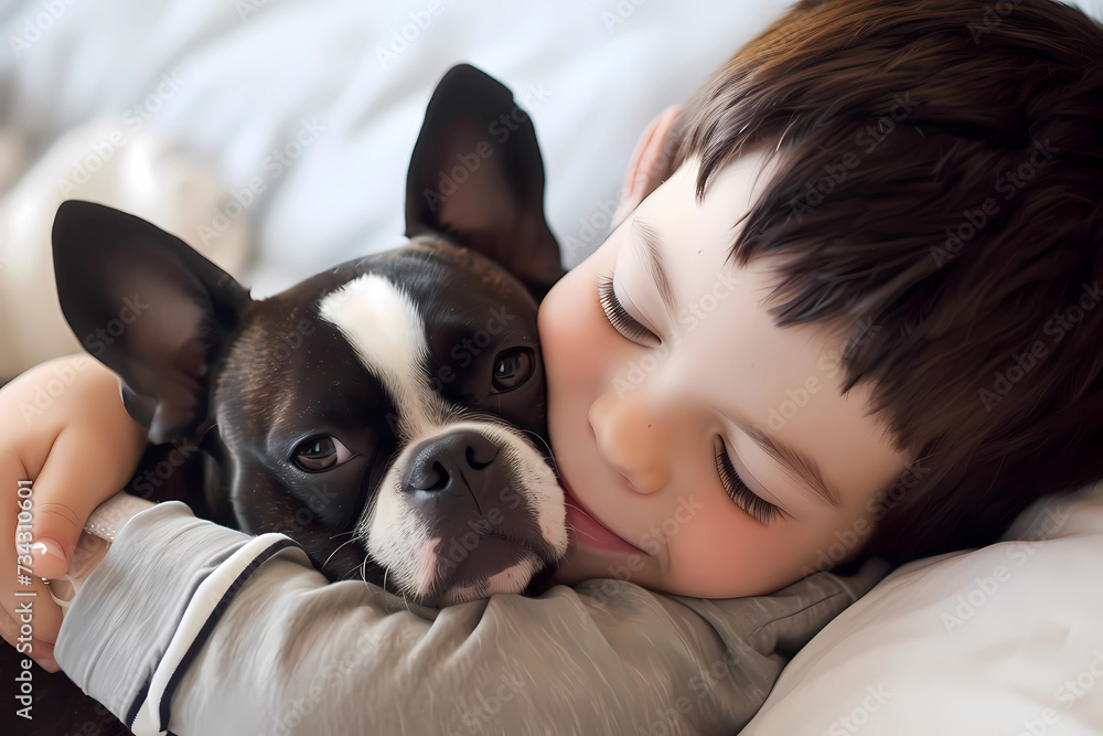 A young boy envelops himself in a tender embrace with his loyal Boston Terrier dog, embodying a profound bond of companionship and love, genuine connection and unwavering affection
