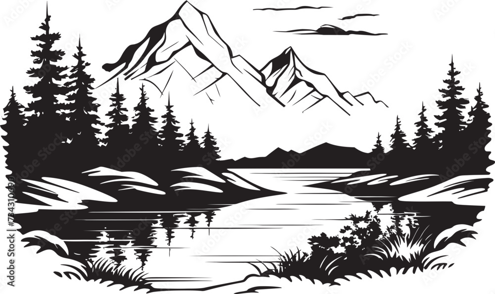 Ebony Escapade Black Mountain River and Tree Design Dusk Domain Vector Mountain River Scene in Black Ebony Escapade Black Mountain River and Tree Design Dusk Domain Vector Mountain River Scene in Black