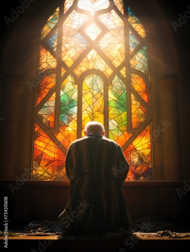 elderly person in church. a grown man prays near a stained glass window. gray-haired grandfather folded his hands