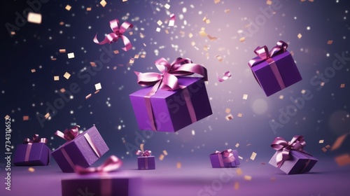 violet, lilac gift, confetti flying and falling. festive, christmas texture, background. birthday card. place for text.