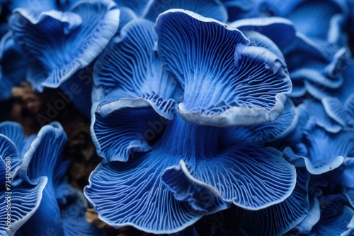 Intriguing Blue mushroom closeup background. Water glow. Generate Ai