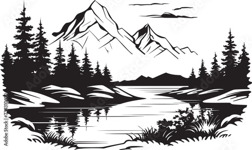 Ebony Escapade Black Mountain River and Tree Design Dusk Domain Vector Mountain River Scene in Black