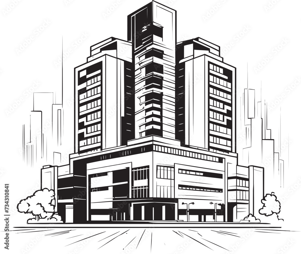 Monochrome Urban Skyline Vector Building Design in Black Charcoal Apartment Complex Black Multifloor Building Icon