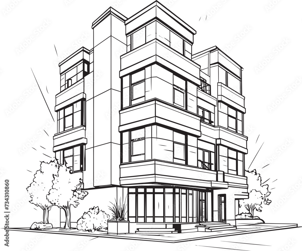 Monochrome Apartment Complex Black Multifloor Building Icon Charcoal Commercial Tower Vector Building Sketch in Noir